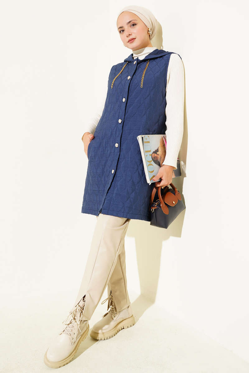 Short Hooded Quilted Vest - Navy
