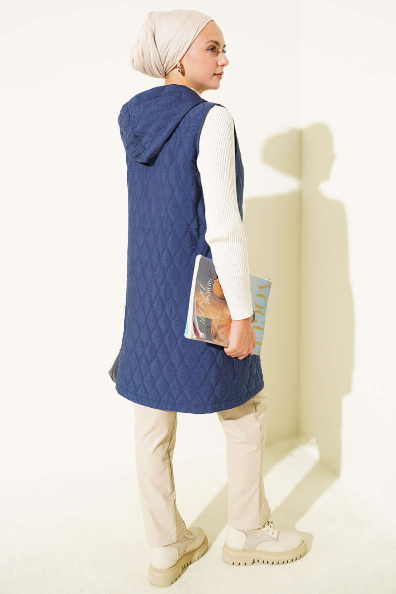 Short Hooded Quilted Vest - Navy