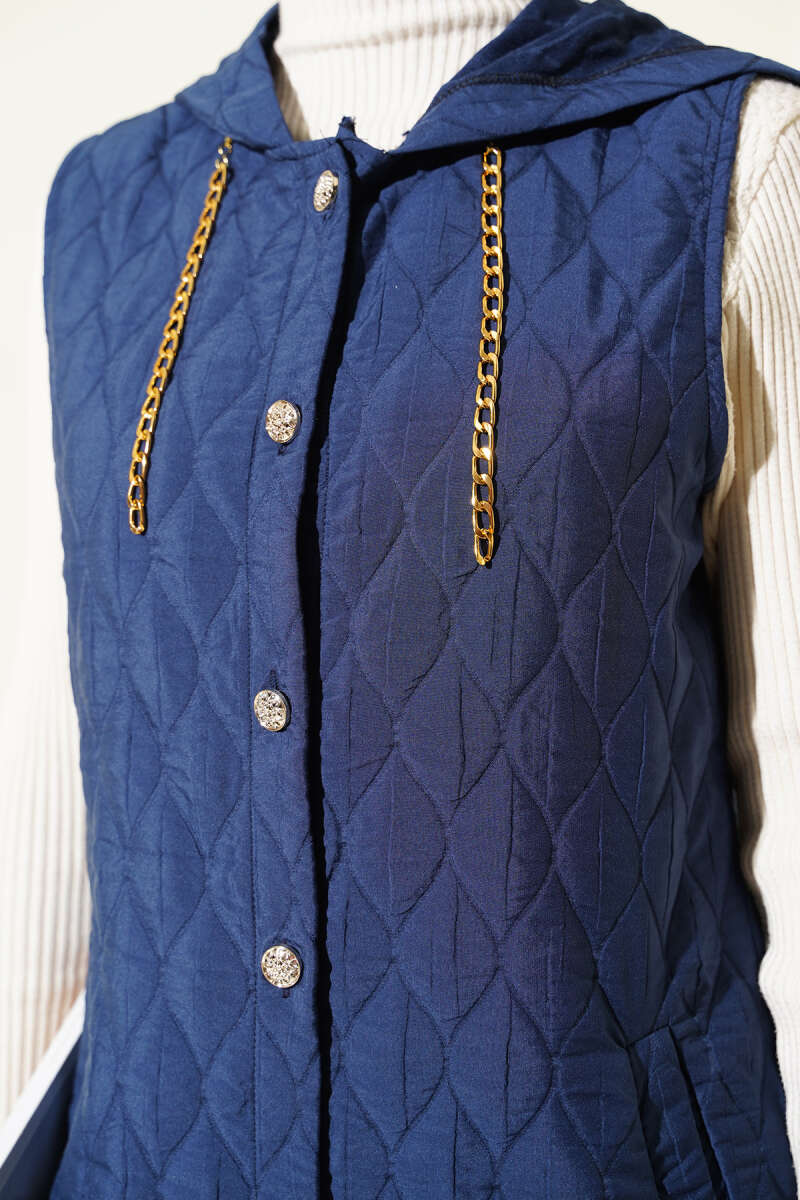 Short Hooded Quilted Vest - Navy