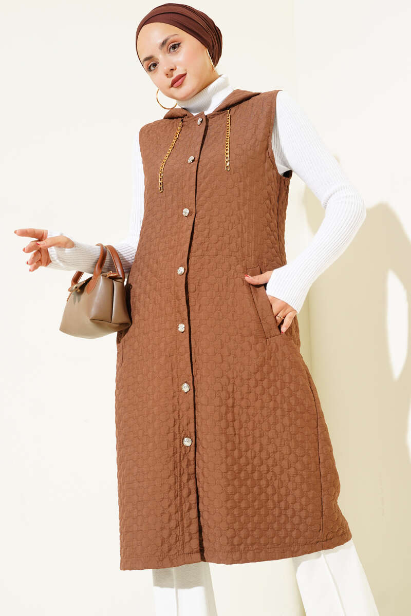 Hooded Quilted Vest - Brown