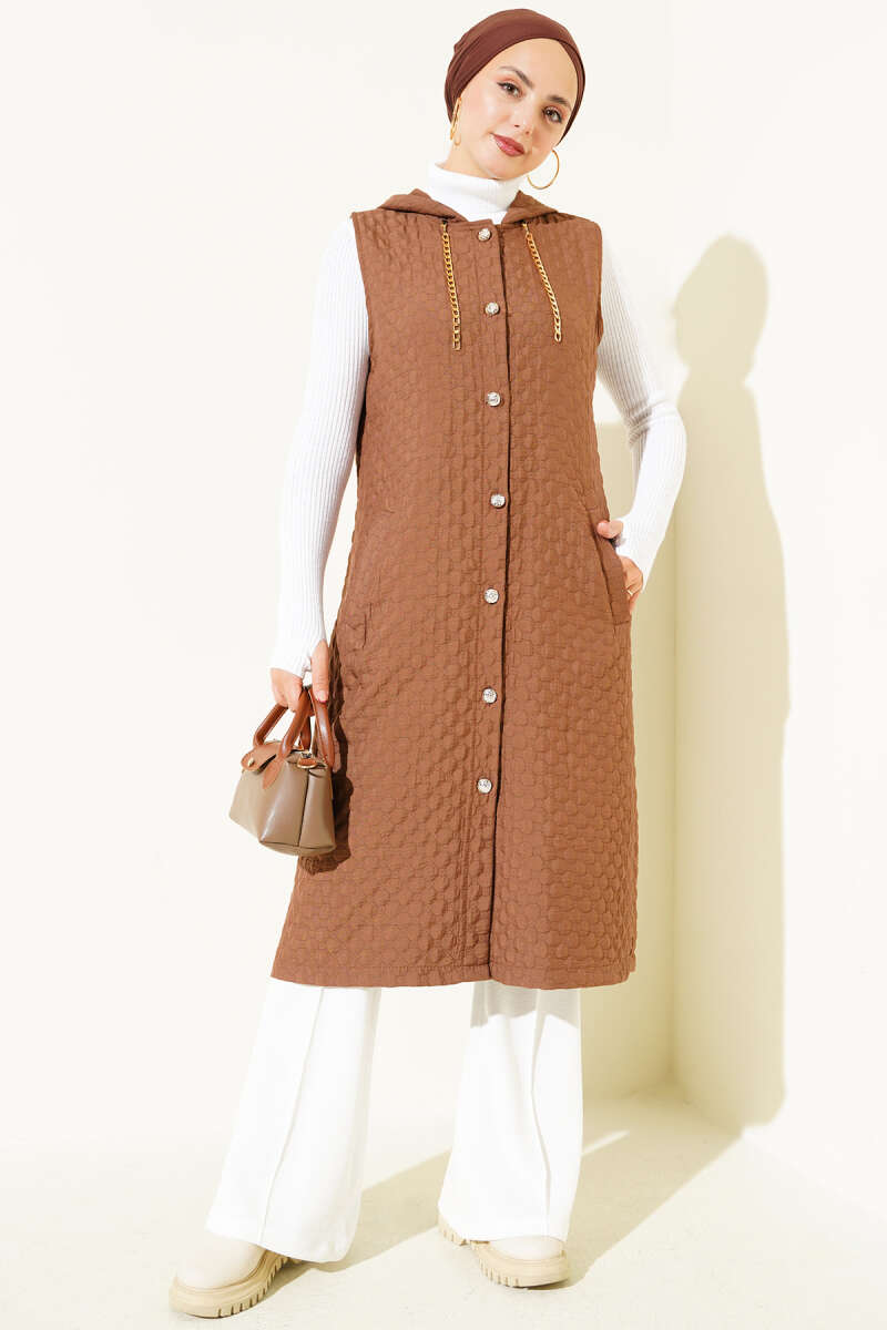 Hooded Quilted Vest - Brown