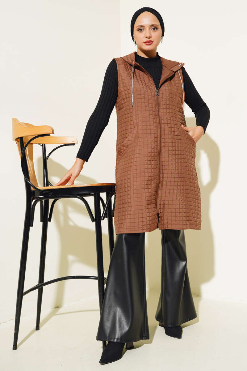 Hooded Quilted Vest with Soft Finish - Tan