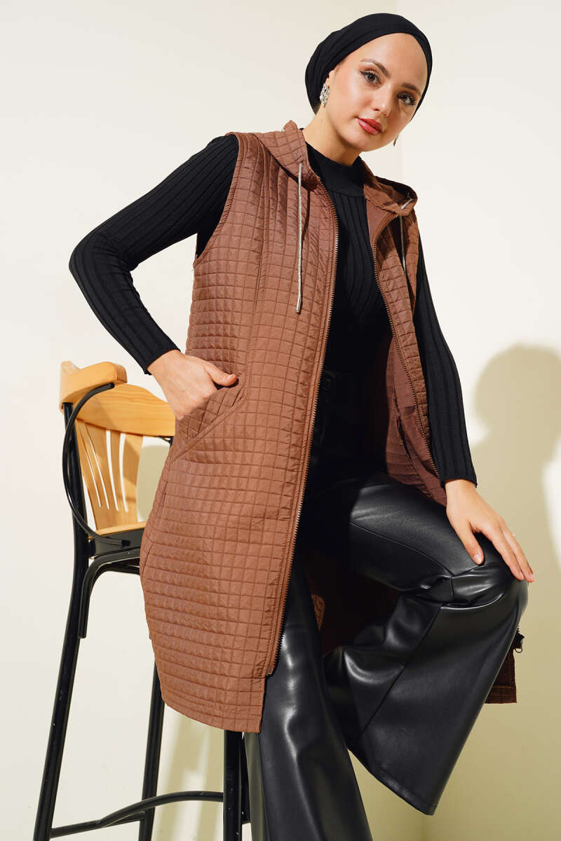 Hooded Quilted Vest with Soft Finish - Tan