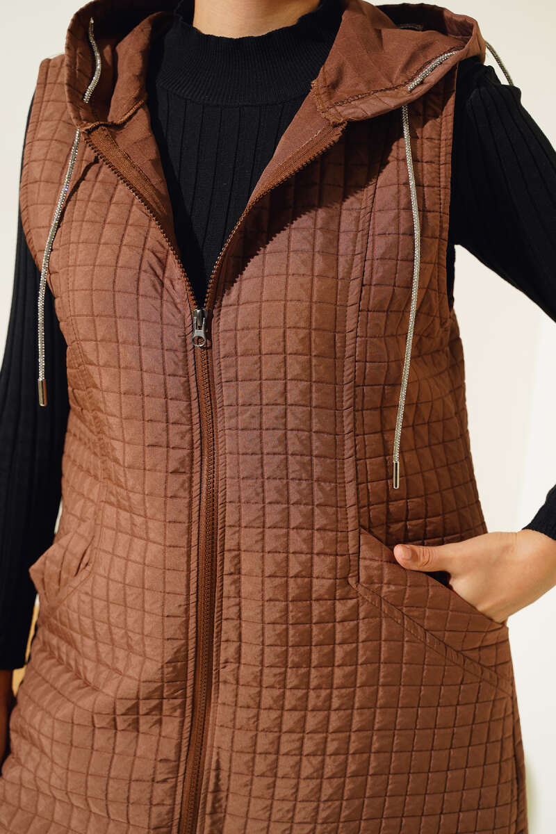 Hooded Quilted Vest with Soft Finish - Tan