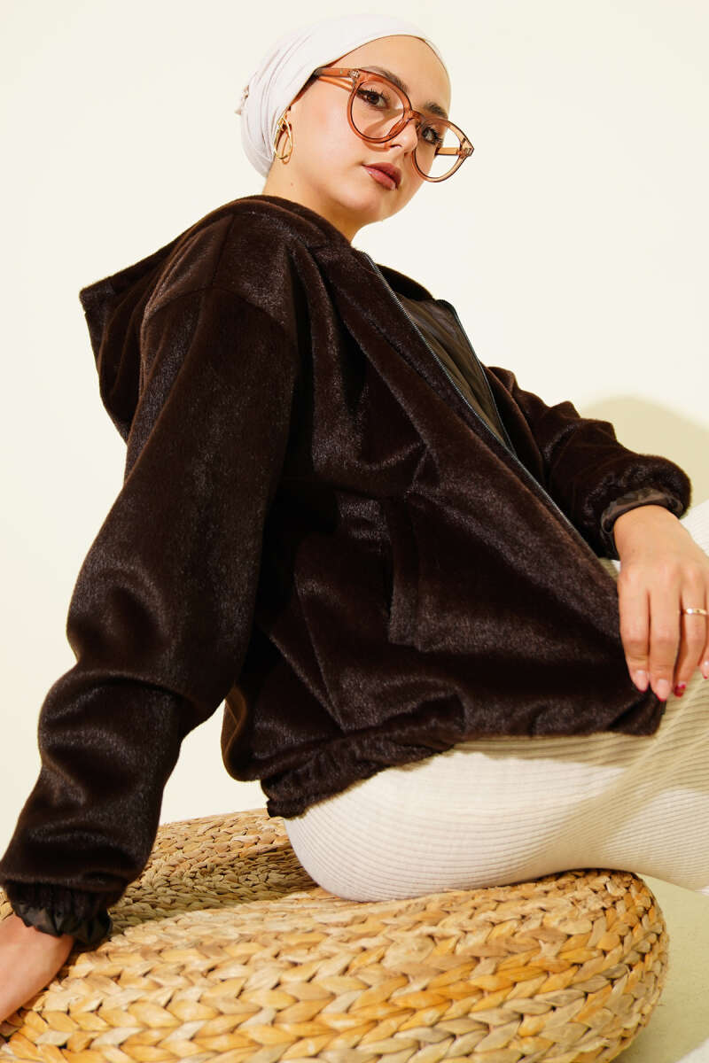 Short Hooded Felt Jacket - Dark Brown
