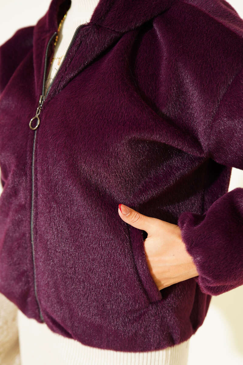 Short Hooded Felt Jacket - Plum