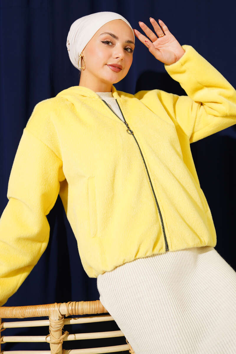 Short Hooded Felt Jacket - Yellow