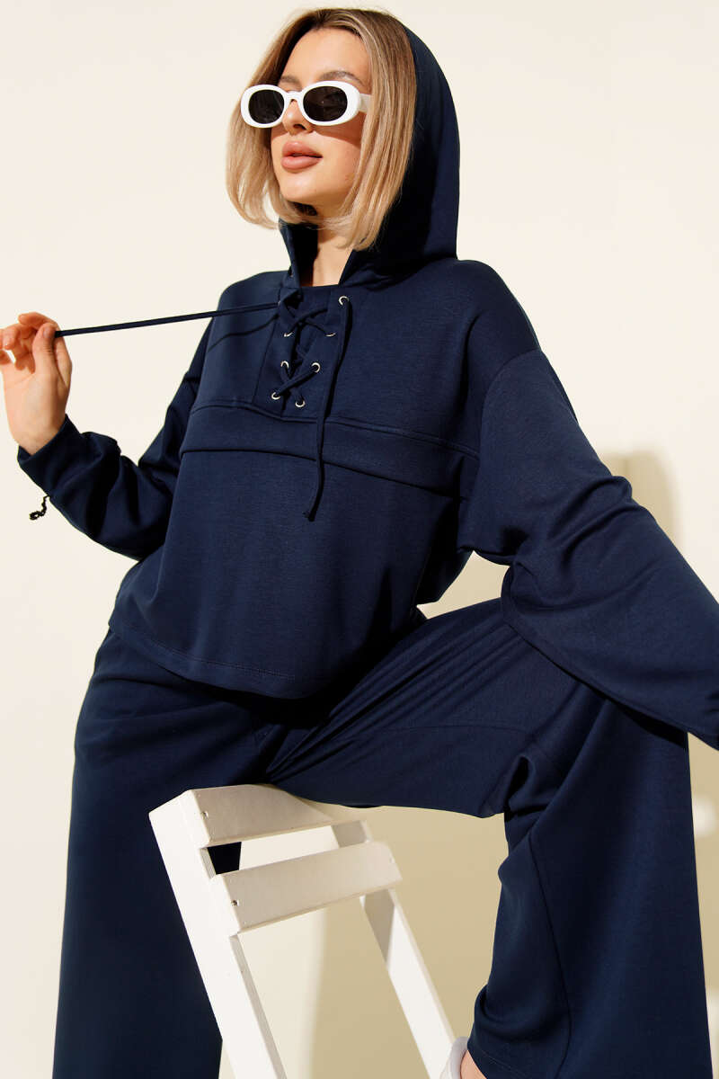 Hooded Two-Piece Set with Eyelet Detail - Navy