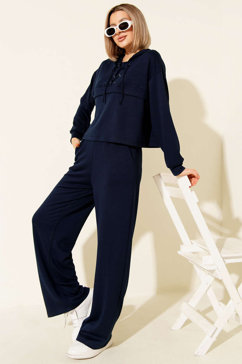 Hooded Two-Piece Set with Eyelet Detail - Navy
