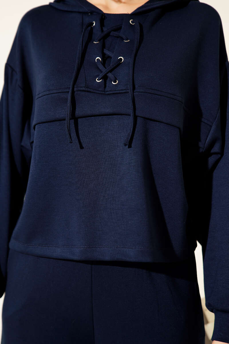 Hooded Two-Piece Set with Eyelet Detail - Navy