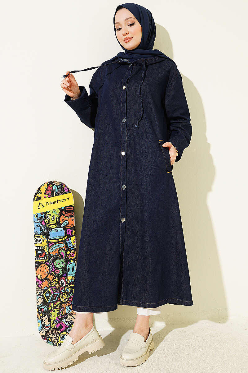 Hooded Denim Cape Coat with Metal Buttons - Navy