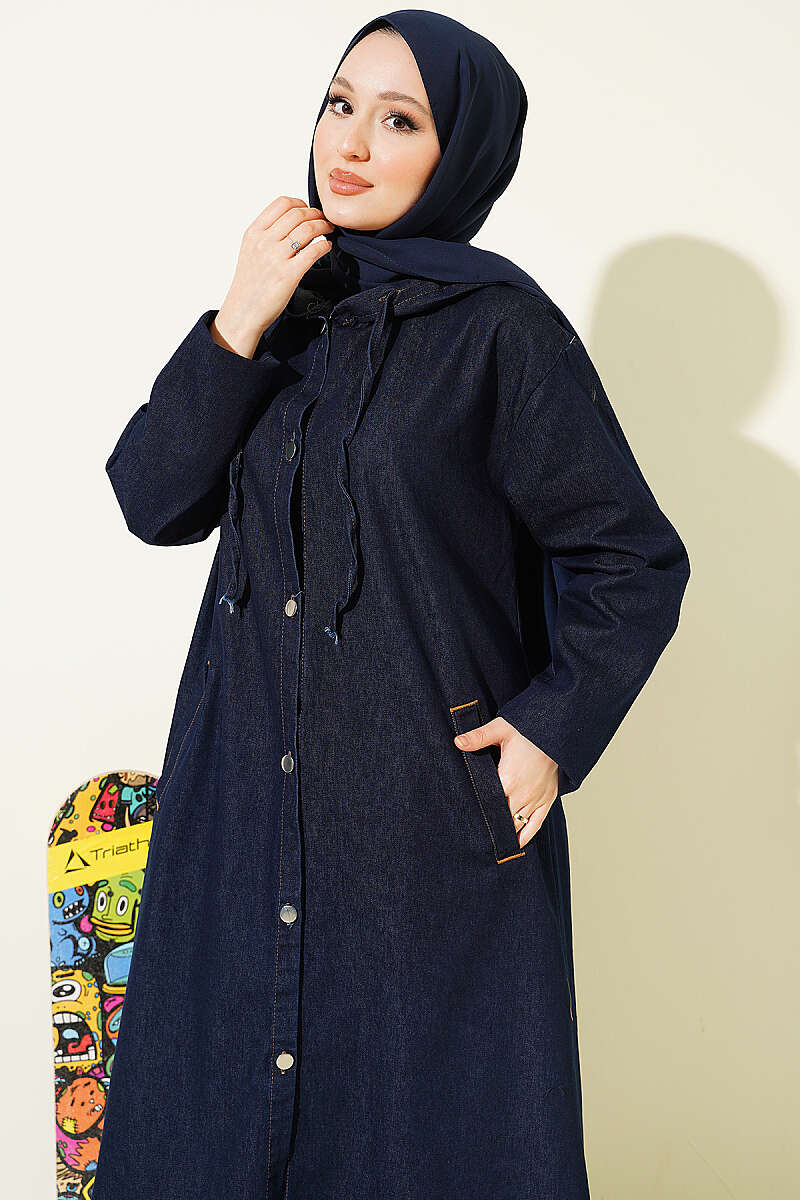 Hooded Denim Cape Coat with Metal Buttons - Navy
