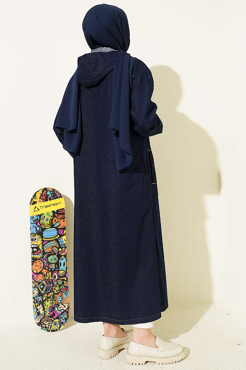 Hooded Denim Cape Coat with Metal Buttons - Navy