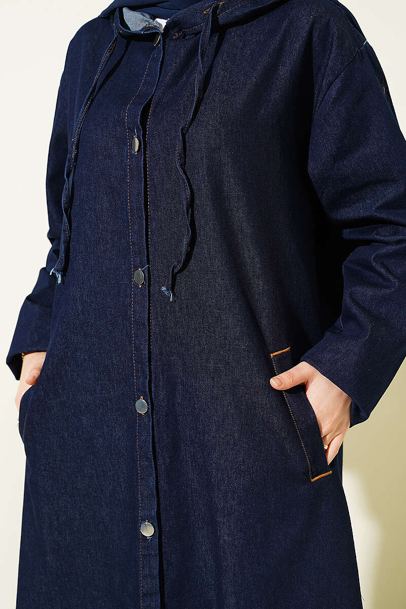 Hooded Denim Cape Coat with Metal Buttons - Navy