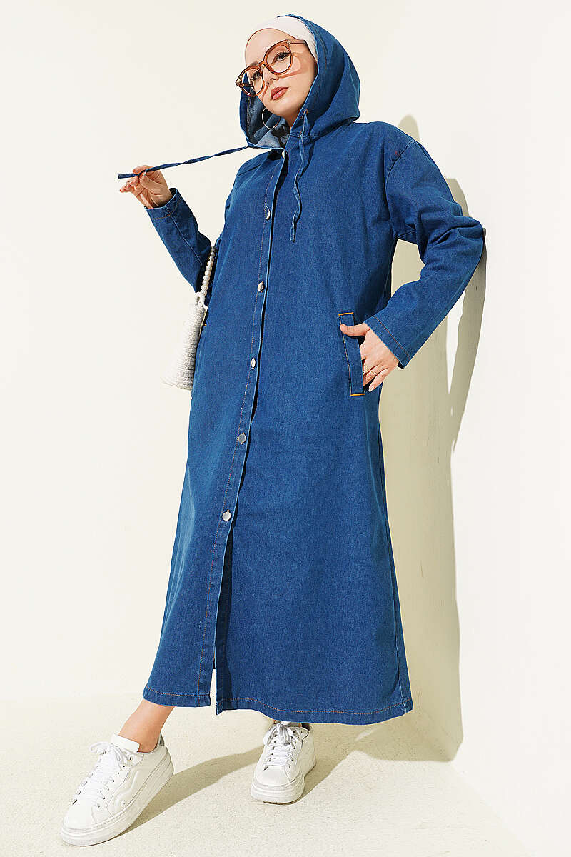 Hooded Denim Cape Coat with Metal Buttons - Blue
