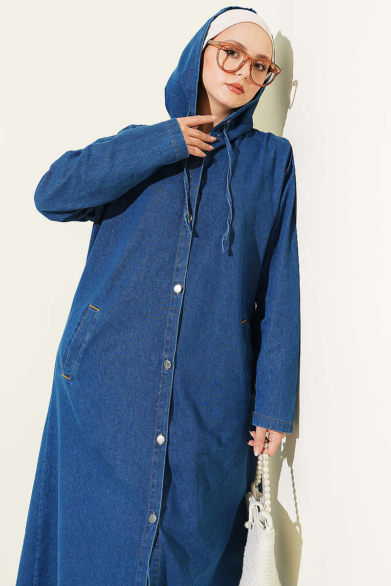 Hooded Denim Cape Coat with Metal Buttons - Blue