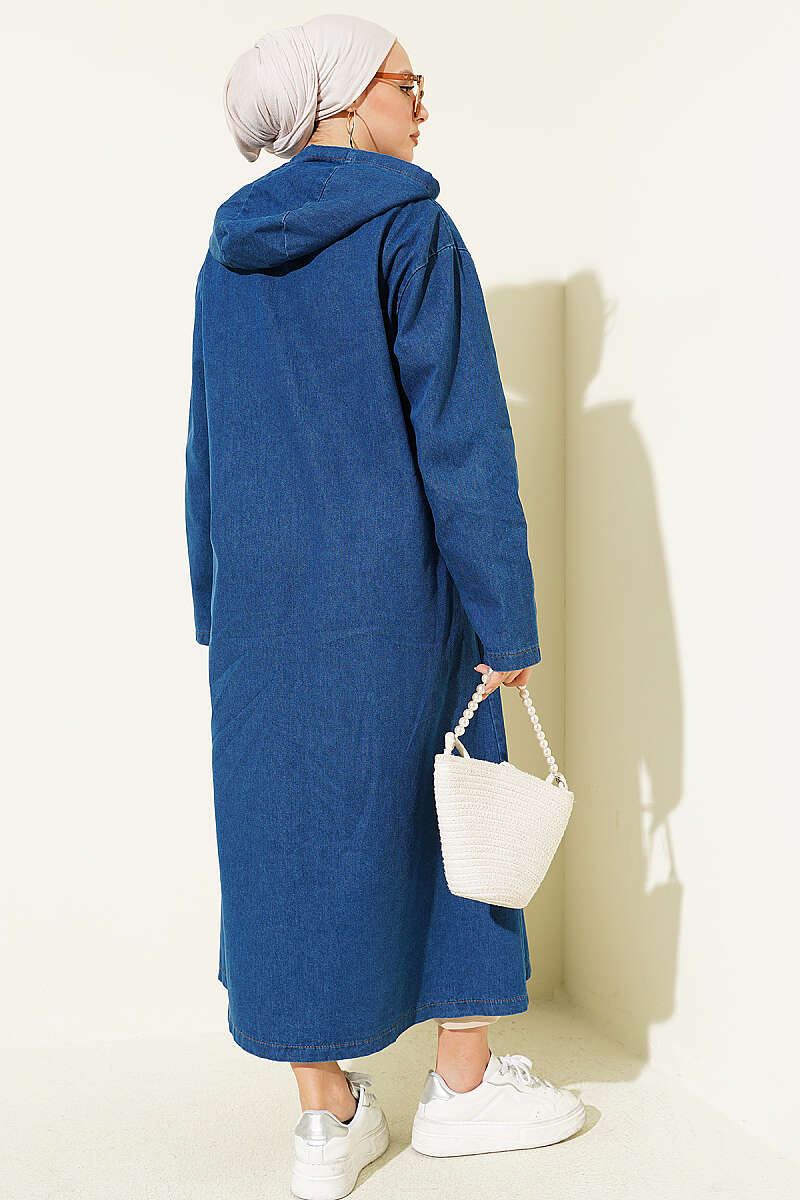 Hooded Denim Cape Coat with Metal Buttons - Blue