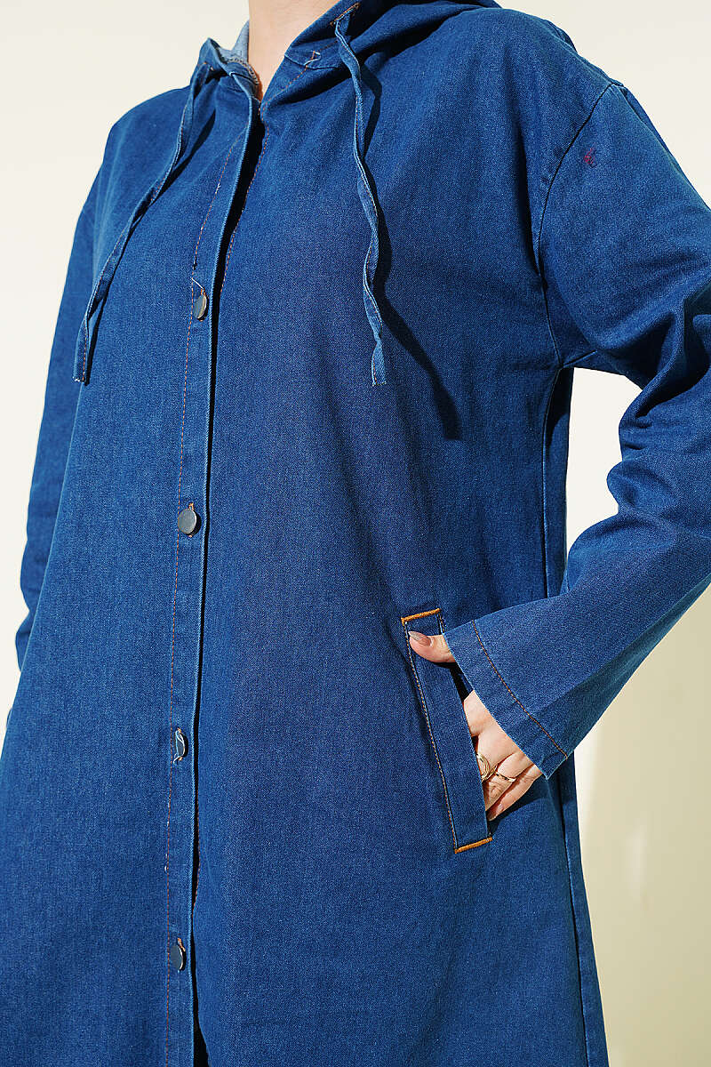 Hooded Denim Cape Coat with Metal Buttons - Blue