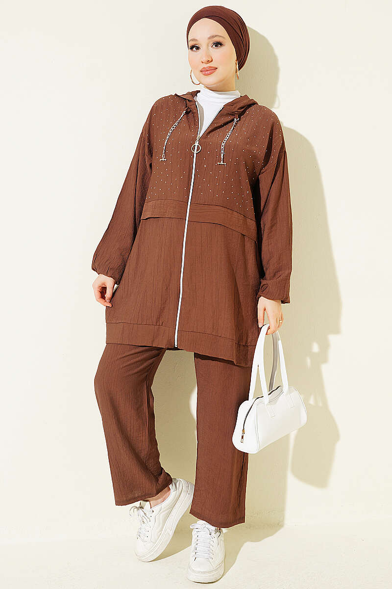 Hooded Two-Piece Set with Mini Stones - Chestnut