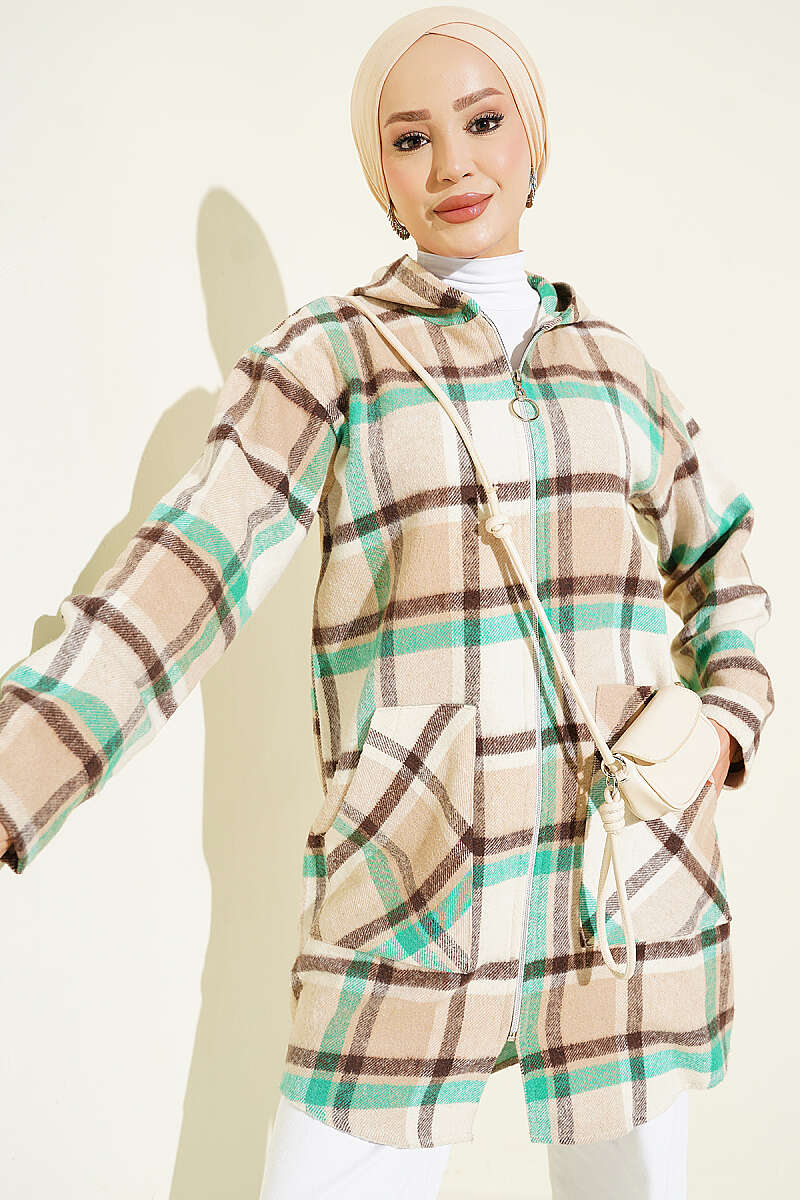 Hooded Lumberjack Zip Cardigan - Green