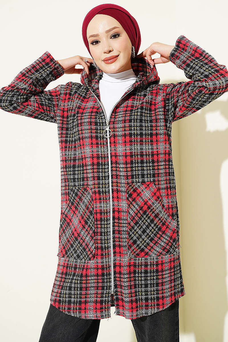 Hooded Lumberjack Check Cardigan - Red