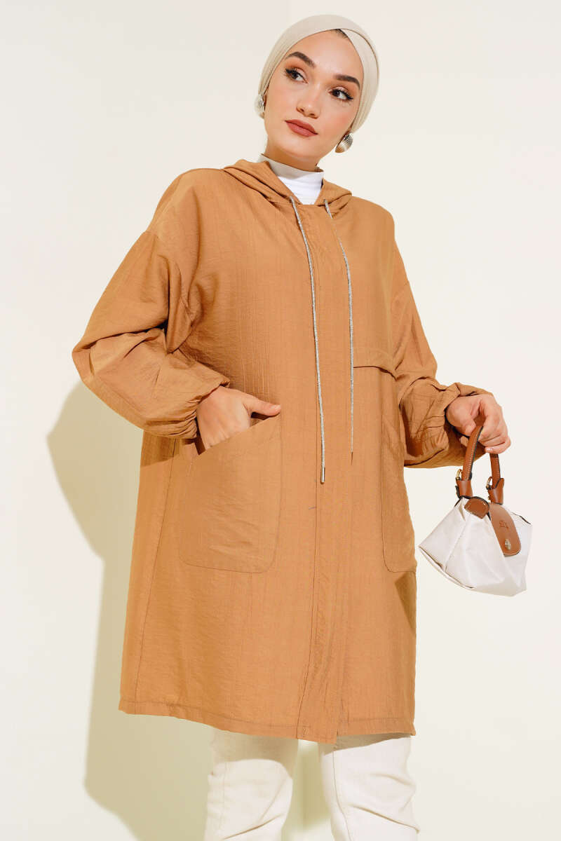 Hooded Cape Coat with Front Pockets - Camel