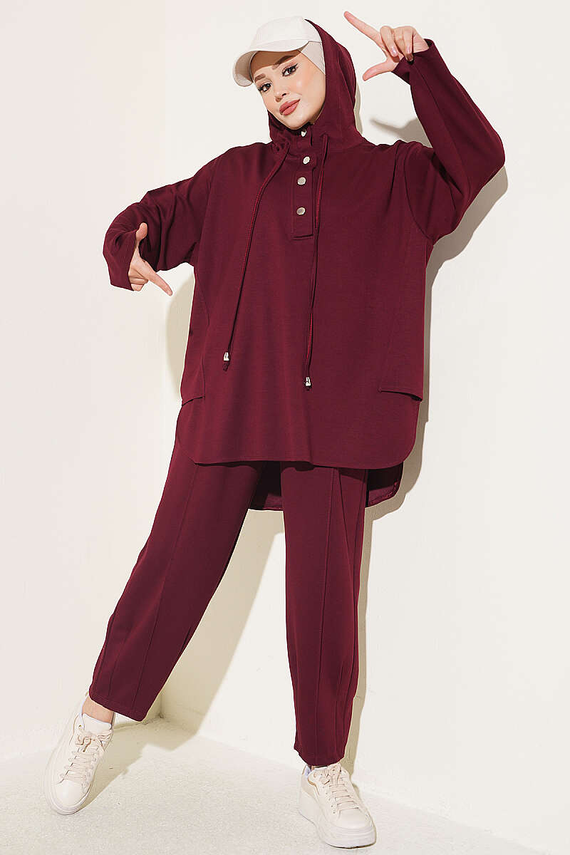 Hooded Two-Piece Set with Hem Darts - Burgundy
