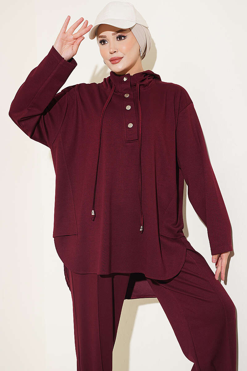Hooded Two-Piece Set with Hem Darts - Burgundy