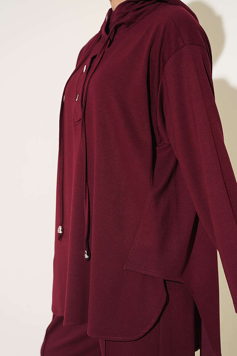 Hooded Two-Piece Set with Hem Darts - Burgundy
