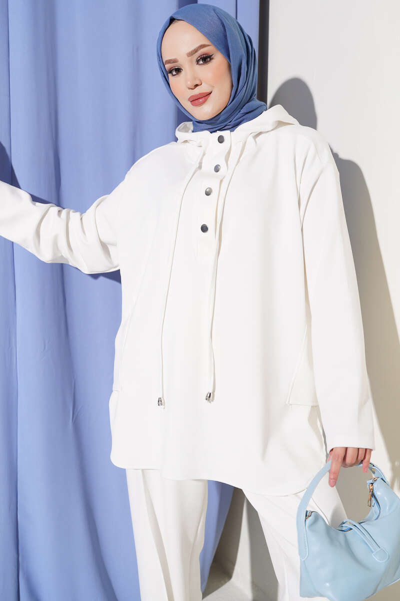 Hooded Two-Piece Set with Hem Darts - Ecru
