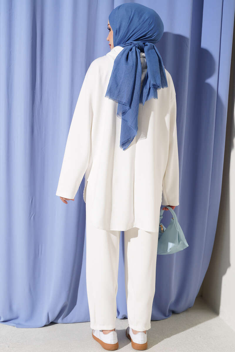 Hooded Two-Piece Set with Hem Darts - Ecru