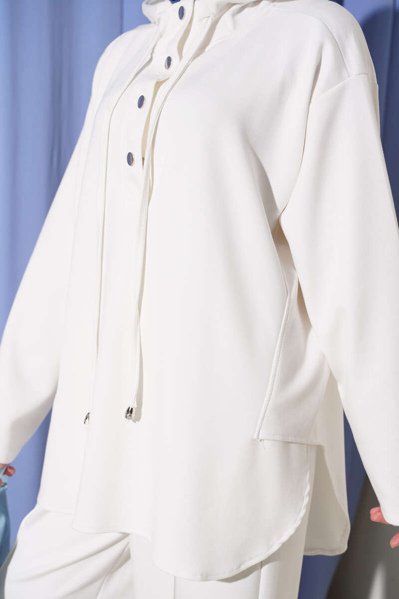 Hooded Two-Piece Set with Hem Darts - Ecru