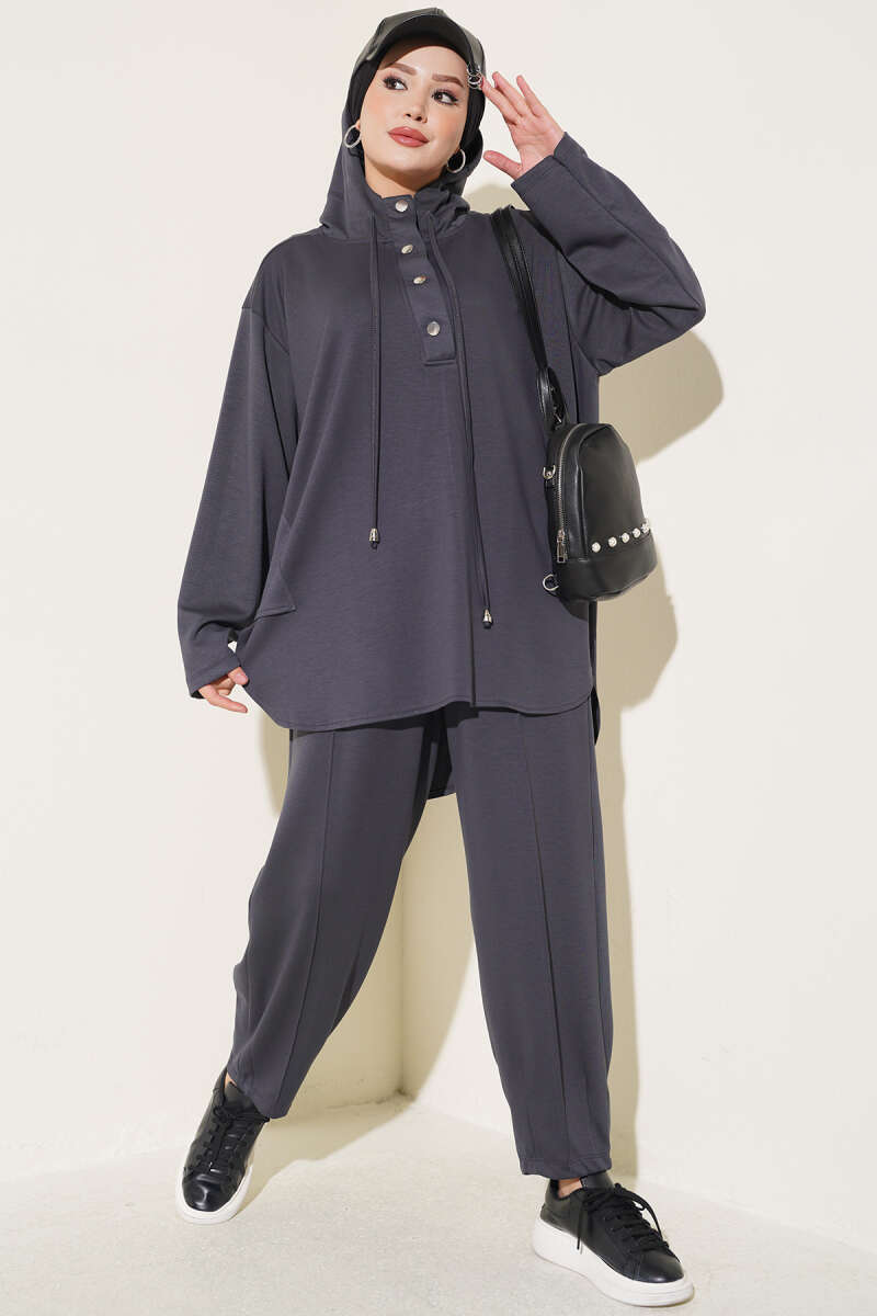 Hooded Two-Piece Set with Hem Darts - Smoke Grey