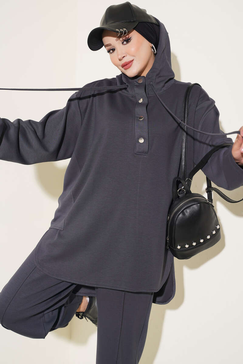 Hooded Two-Piece Set with Hem Darts - Smoke Grey