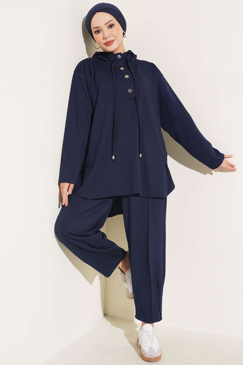 Hooded Two-Piece Set with Hem Darts - Navy
