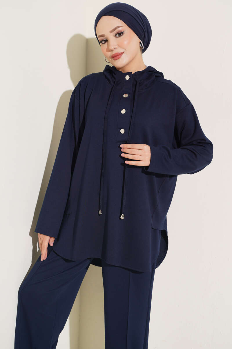 Hooded Two-Piece Set with Hem Darts - Navy