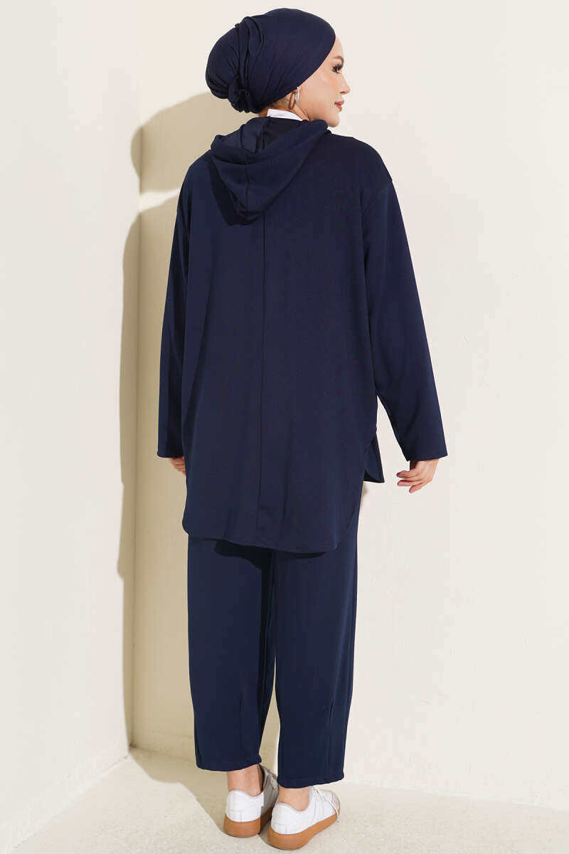 Hooded Two-Piece Set with Hem Darts - Navy