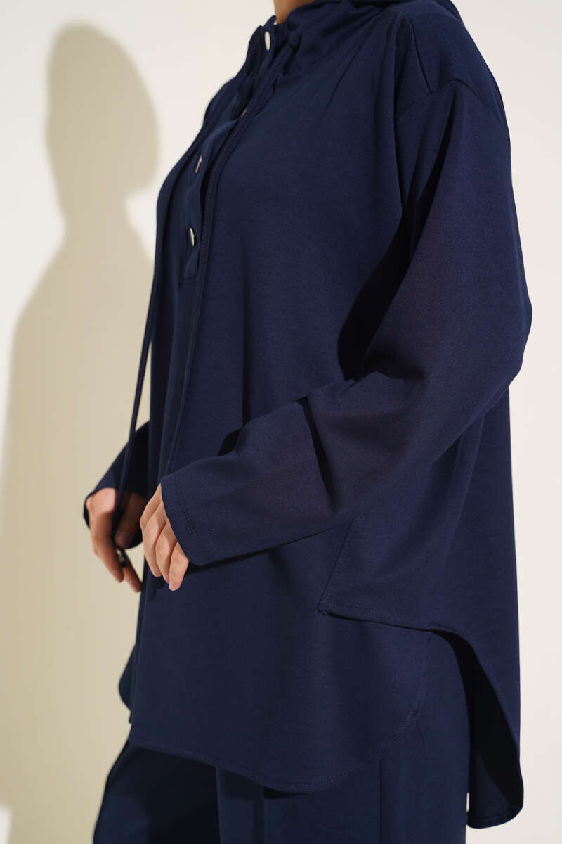 Hooded Two-Piece Set with Hem Darts - Navy