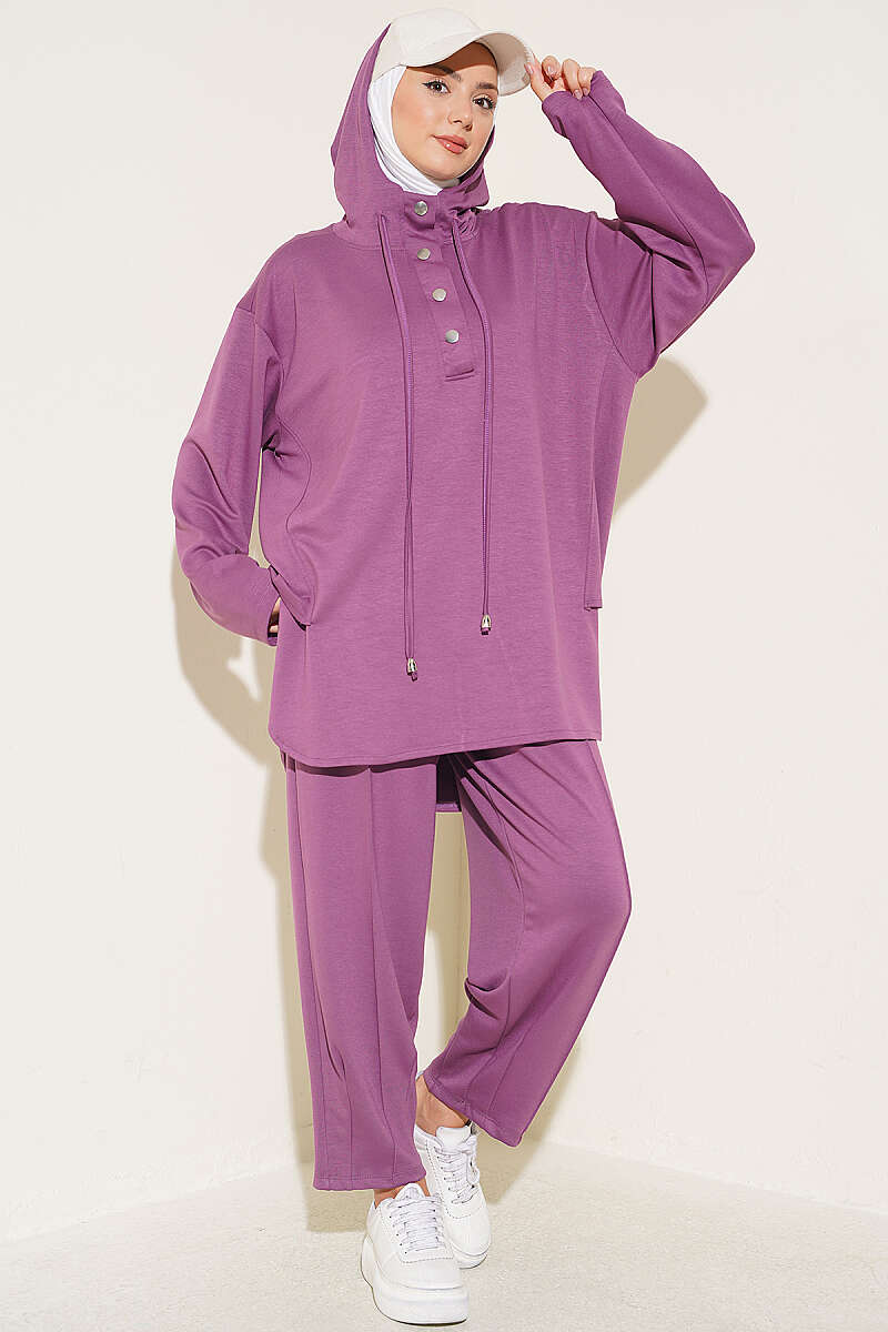 Hooded Two-Piece Set with Hem Darts - Violet