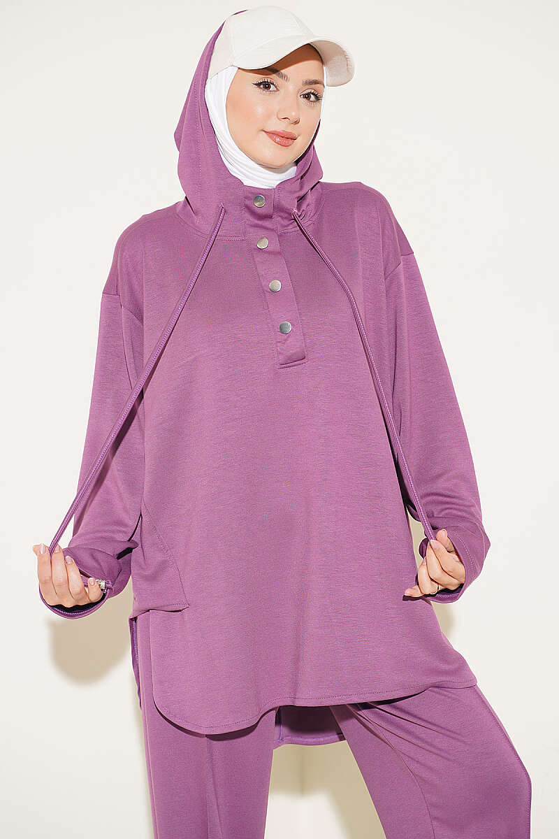 Hooded Two-Piece Set with Hem Darts - Violet