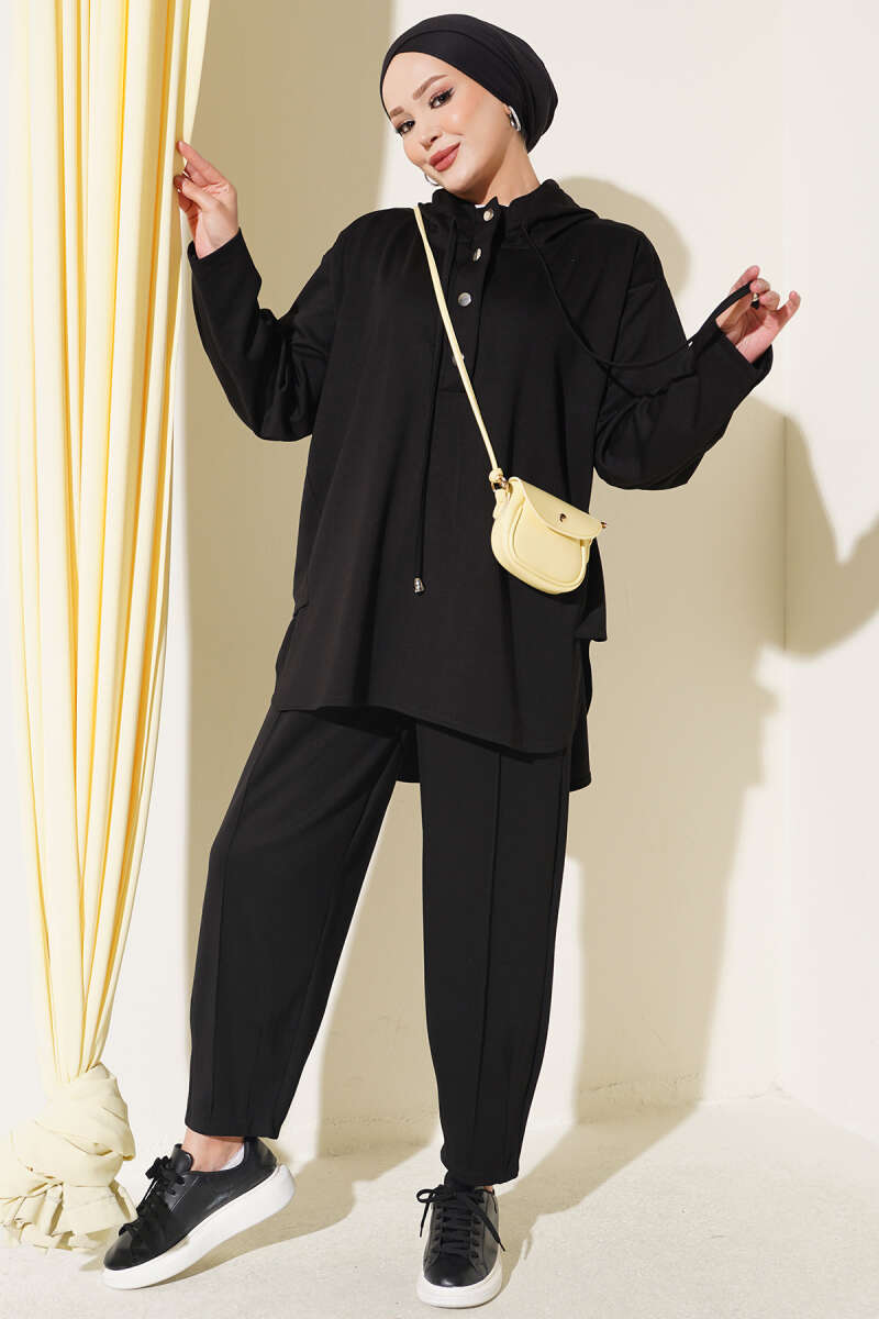 Hooded Two-Piece Set with Hem Darts - Black