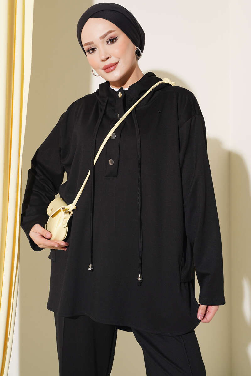 Hooded Two-Piece Set with Hem Darts - Black