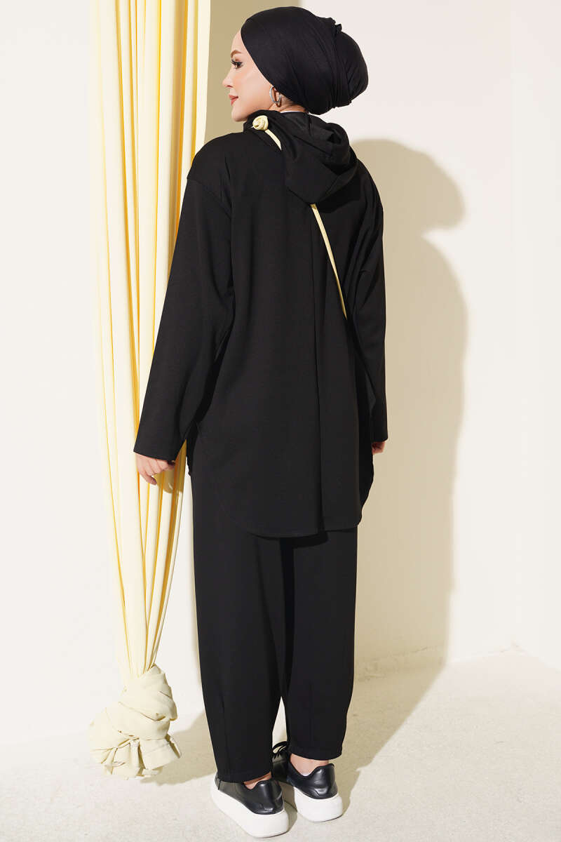 Hooded Two-Piece Set with Hem Darts - Black