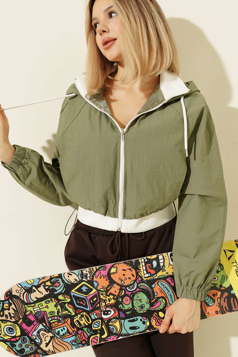 Hooded Parachute Crop Jacket - Khaki