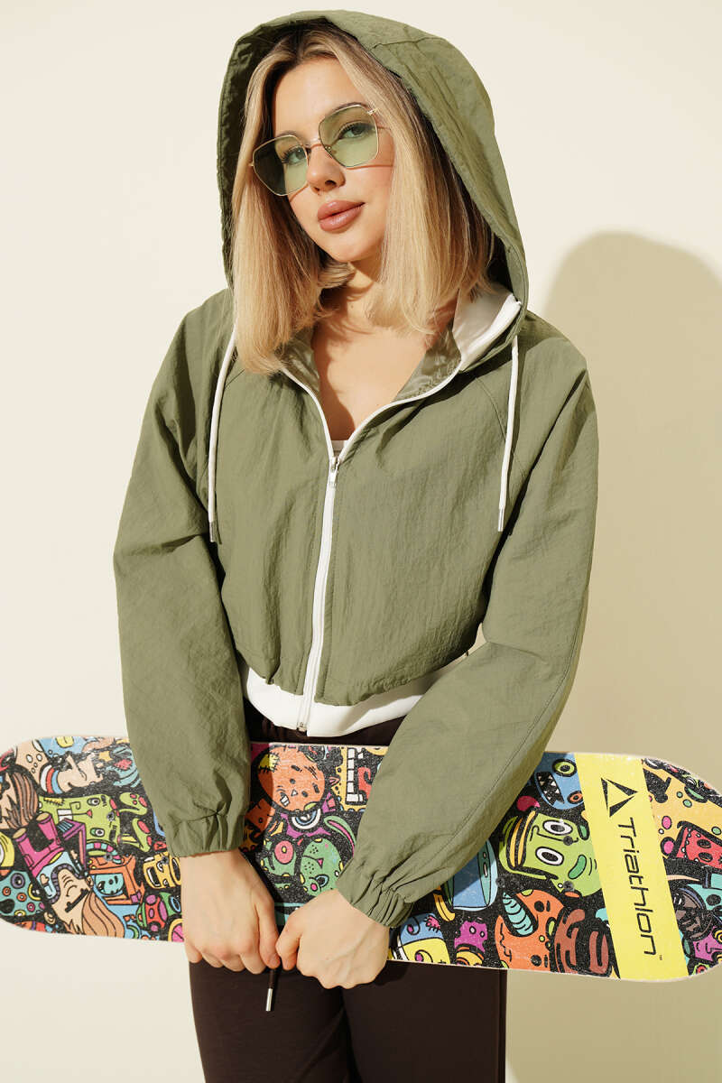 Hooded Parachute Crop Jacket - Khaki