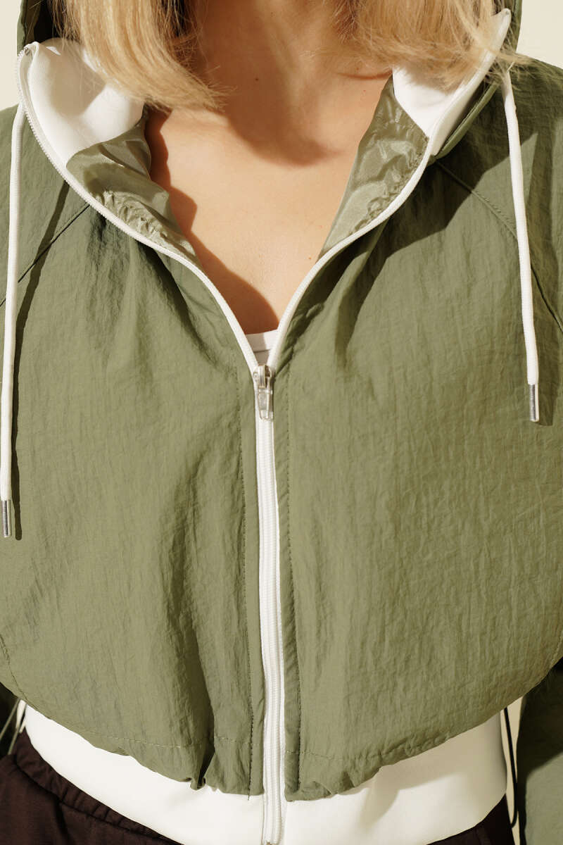 Hooded Parachute Crop Jacket - Khaki