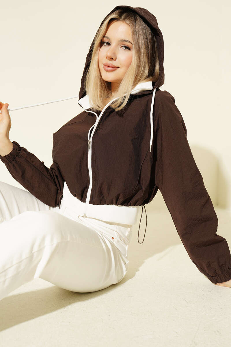 Hooded Parachute Crop Jacket - Brown