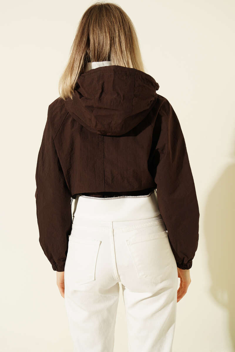 Hooded Parachute Crop Jacket - Brown