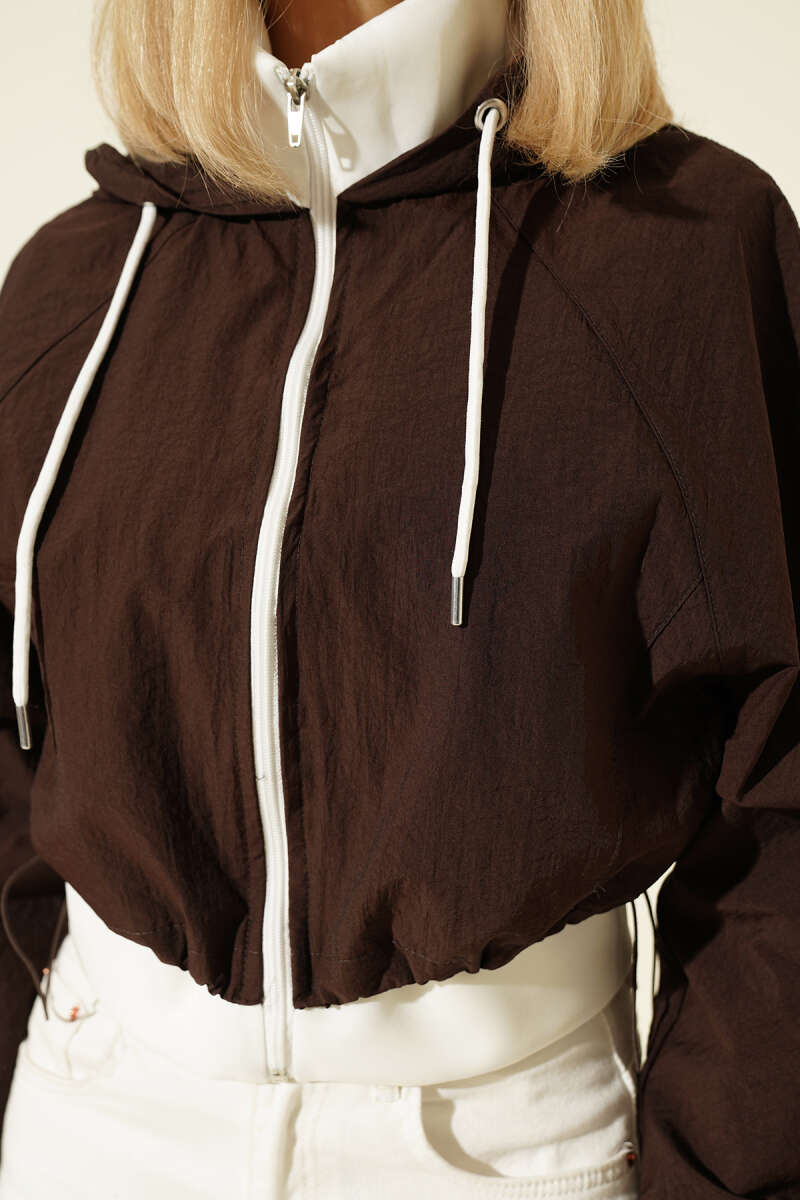 Hooded Parachute Crop Jacket - Brown