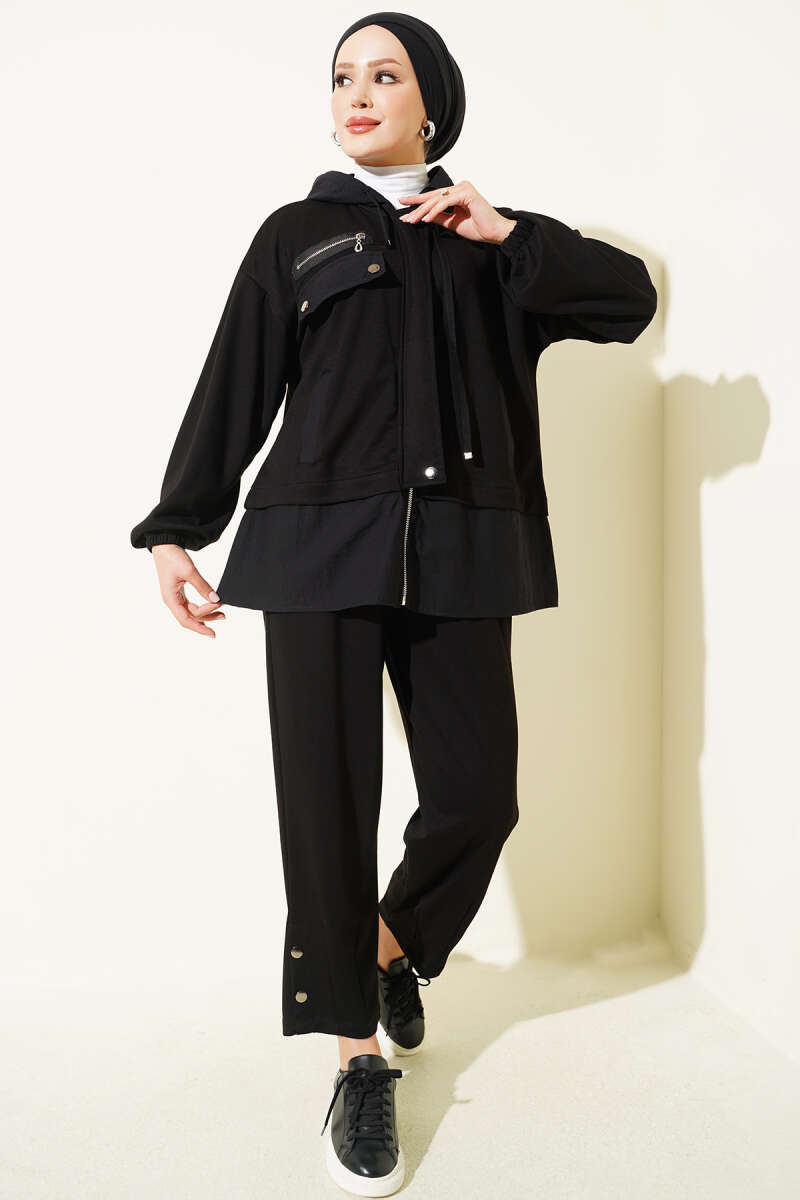 Hooded Parachute Two-Piece Set - Black